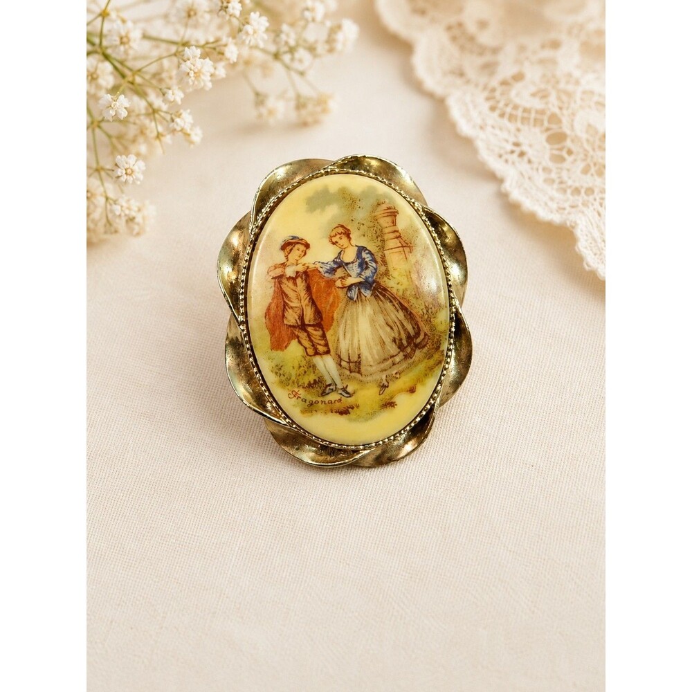 Vintage Gold-Tone Victorian Courting Couple Portrait Oval Brooch Pin
